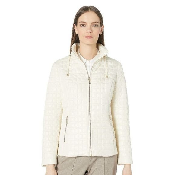 Kate Spade Bow Moto Jacket Quilted Hooded Packable Ivory Coat Cream Jacket Sz M